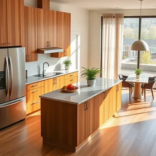 Stylish modern kitchen in Charleroi PA with wood cabinetry stainless steel appliances granite island and open layout