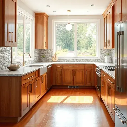 Remodeled Cecil PA kitchen with granite countertops stainless steel appliances custom wood cabinets hardwood floors and green outdoor view