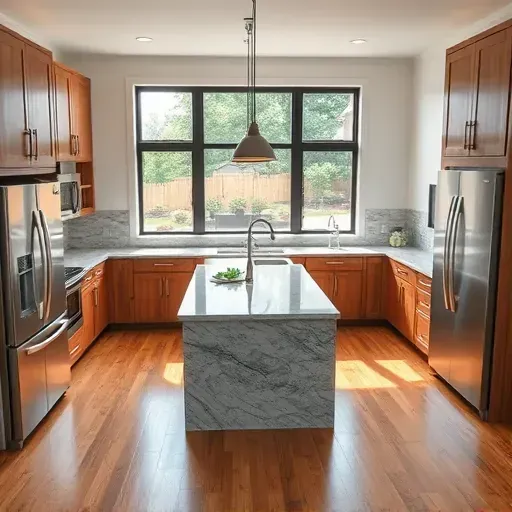 Remodeled Hendersonville PA kitchen with granite countertops stainless steel appliances wooden cabinets hardwood floors and natural light