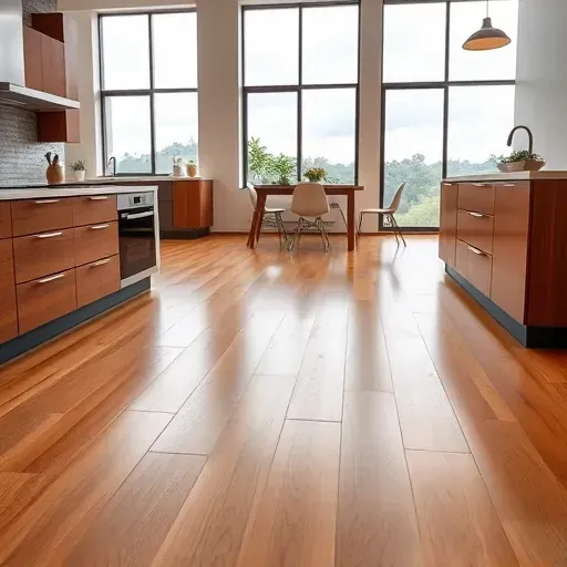 Freshly installed warm oak hardwood kitchen flooring in Canonsburg PA with natural light, modern design, and sleek finishes