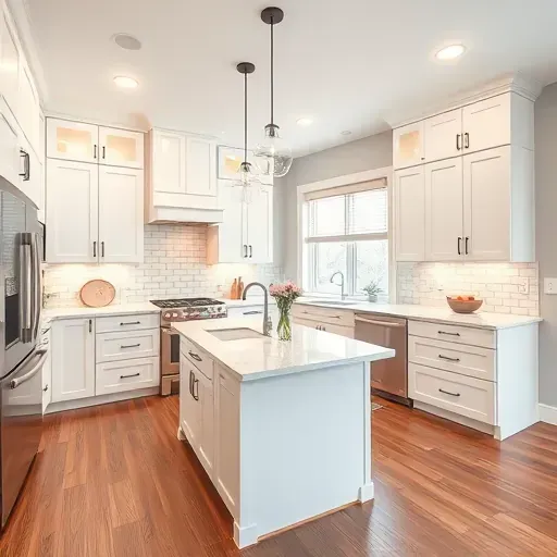 Modern kitchen remodel in Midway PA with sleek white cabinetry, marble island, stainless appliances, and stylish decor.