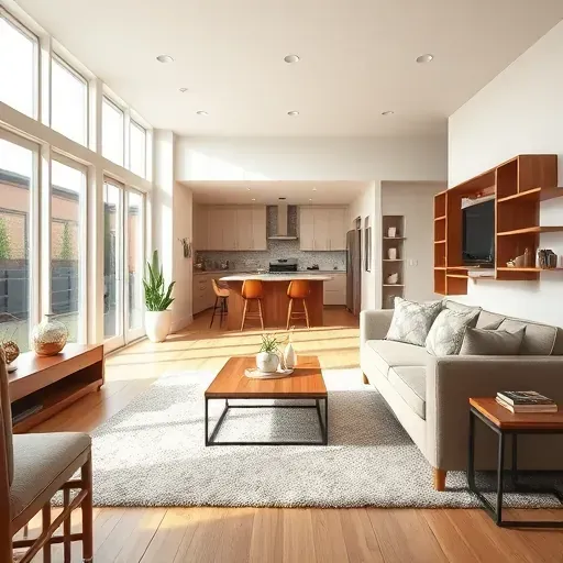 Modern living room remodel in East Washington PA with neutral tones, wooden accents, and natural light. Professional design.