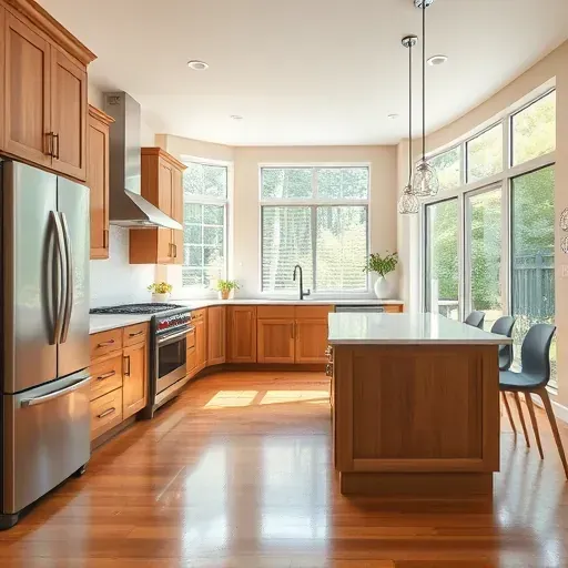 Remodeled modern kitchen in Muse PA with stainless steel appliances, marble island, wooden cabinets, and natural light