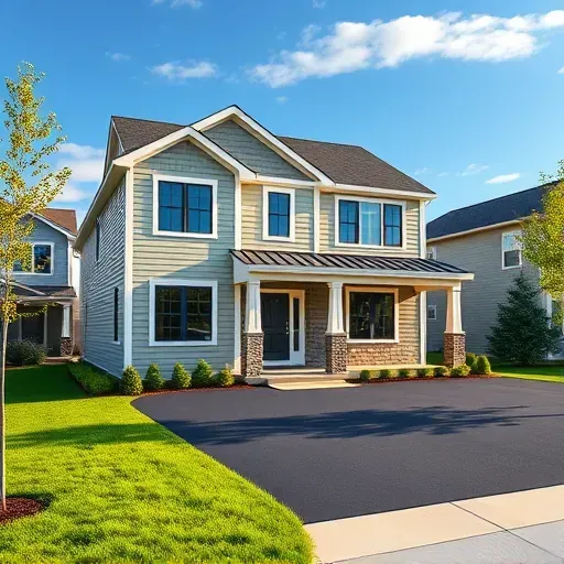 Modern residential home in Canonsburg PA with landscaped yard, large windows, inviting porch, and pristine driveway under blue sky
