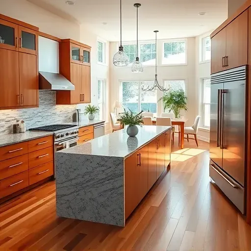 Beautiful renovated Washington PA kitchen with granite counters stainless steel appliances custom wood cabinets island pendant lighting hardwood floors and open-concept dining area