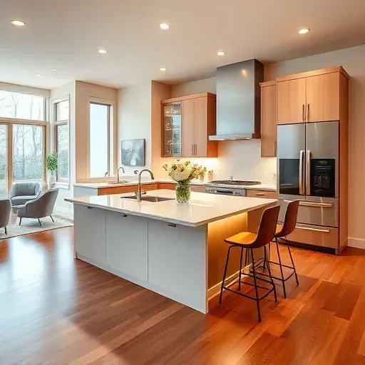 Modern kitchen remodel in Charleroi PA with sleek cabinetry, quartz island, hardwood floors, and warm lighting.