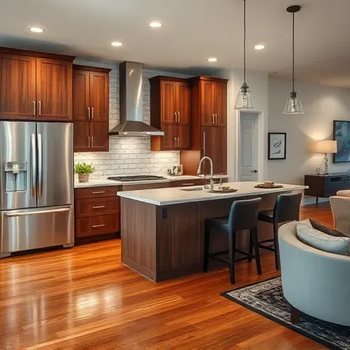 Modern kitchen remodel in Collier Township PA with stainless steel appliances, quartz countertops, and walnut cabinetry.