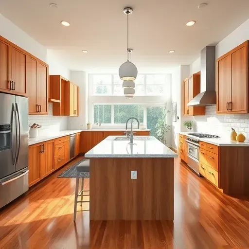 Modern kitchen interior in Monongahela PA featuring granite countertops, stainless steel appliances, and wood cabinetry.