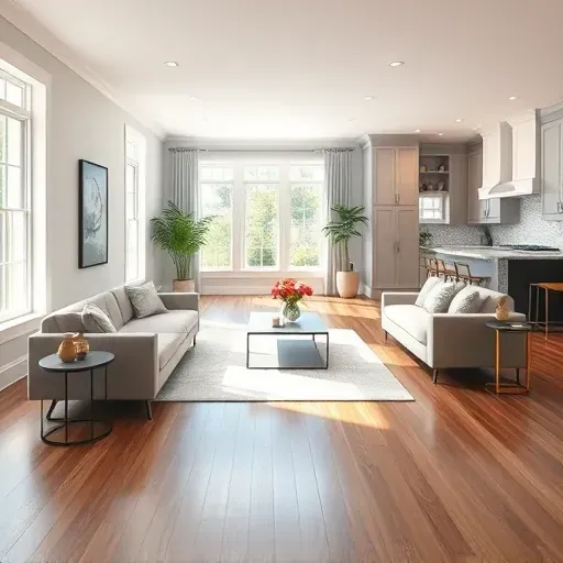 Spacious Carnegie PA living room with hardwood floors, large windows, modern decor, and an open kitchen design.