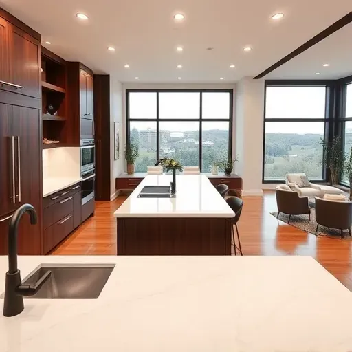 Remodeled Southpointe PA kitchen with white quartz countertops, dark wood cabinets, marble island, and large windows
