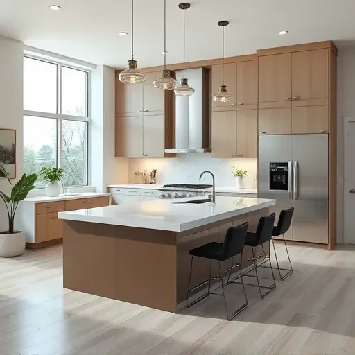 Modern Baldwin PA kitchen remodel with sleek appliances, minimalist cabinetry, and polished quartz island, bathed in natural light.