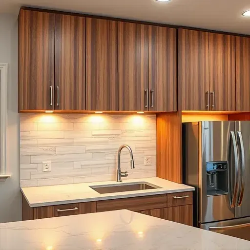 Modern kitchen in Canonsburg PA with sleek cabinetry, under cabinet LED lighting, marble countertop, neutral backsplash, stainless steel appliances, and natural daylight.