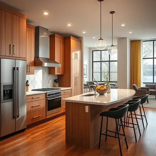 Remodeled Pleasant Hills PA kitchen with warm wood cabinets quartz countertops stainless appliances island pendant lighting natural light