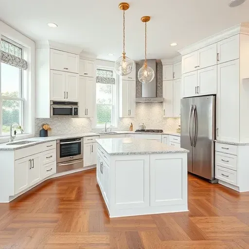 Renovated Whitehall PA kitchen with white cabinets stainless steel appliances granite island hardwood floors and natural light