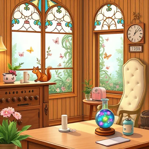 A whimsical, cozy family home interior inspired by the Arts and Crafts Movement, showcasing innovative home automation concepts. The scene features natural wood tones, stained glass windows casting colorful light, and handcrafted details like an ornate vintage wooden control panel with brass dials and floral motifs. Playful household devices include a talking toaster with a cheerful face, a smiling floral lampshade, and a smart rocking chair with hidden sensors, adding charm and personality. Through open windows, a lush garden with blooming flowers, twisting vines, and fluttering butterflies emphasizes harmony between technology and nature. On a polished wooden table, glowing LED lights in a beaker and a vintage globe-shaped smart speaker blend scientific curiosity with artistic elegance. Pastel hues such as soft greens, warm browns, sky blue, and gentle yellows evoke a welcoming, optimistic mood. Additional details include a tiny squirrel at a push-button control and a whimsical floral clock, enhancing the artisanal, handcrafted aesthetic. The scene celebrates the fusion of tradition and innovation in family home automation within a warm, inviting, and playful atmosphere.
