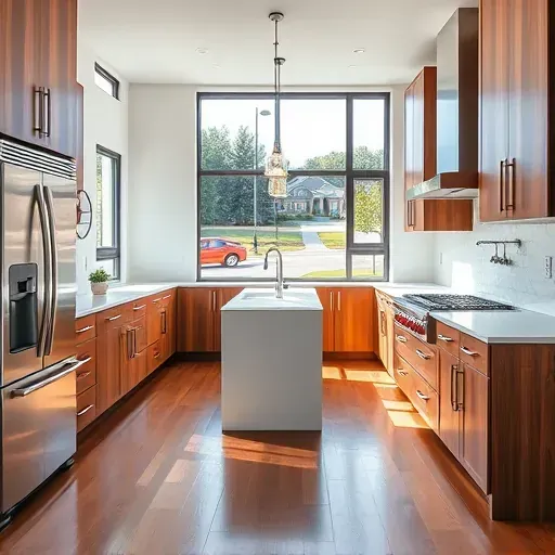 Modern renovated kitchen in Bridgeville PA with stainless steel appliances glossy white counters wooden cabinets hardwood floors and natural light