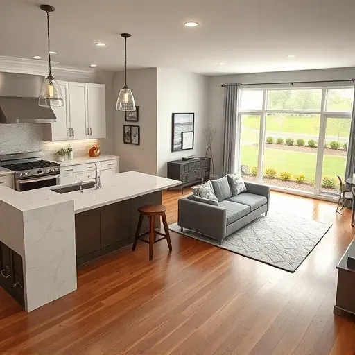 Remodeled kitchen and living area in Collier Township, PA with modern design, sleek appliances, and inviting decor.