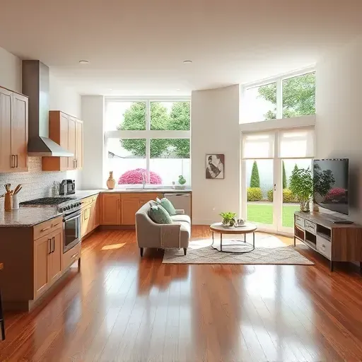 Modern open-concept living space in Bridgeport PA with hardwood floors, stylish kitchen, and natural light.