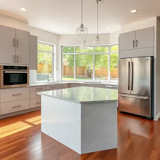 freshly remodeled kitchen in Pleasant Hills PA with modern cabinetry, quartz island, stainless appliances, and natural light