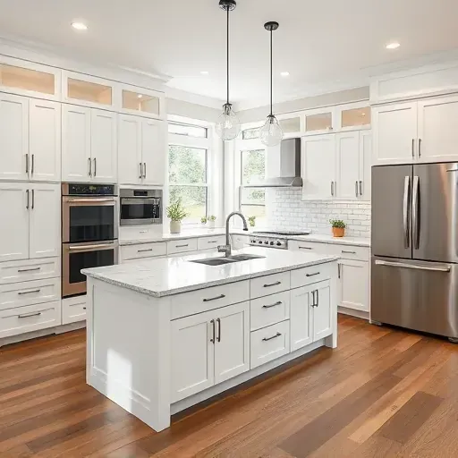 Remodeled kitchen in Whitehall PA featuring sleek white cabinets, marble island, stainless steel appliances, and subway tile backsplash.