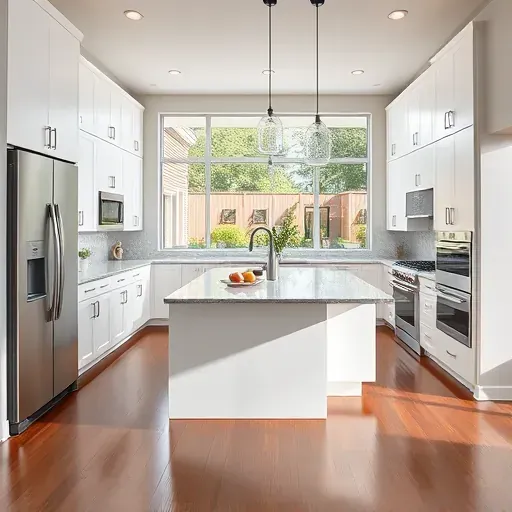 Remodeled Avella PA kitchen with white cabinets stainless steel appliances granite countertops hardwood floors and garden view