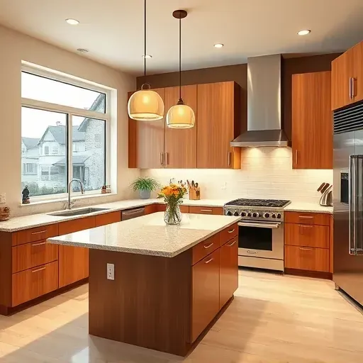 Renovated McMurray PA kitchen with modern design, granite countertops, stainless steel appliances, and warm custom wood cabinetry