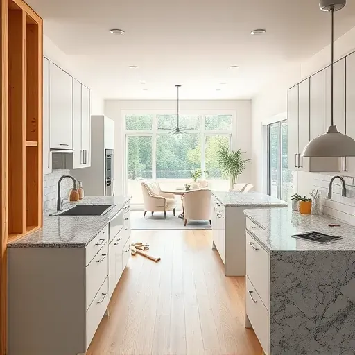 Recently remodeled open-concept kitchen in Canonsburg PA with exposed studs, modern cabinetry, granite countertops, stainless steel appliances, and scenic greenery views