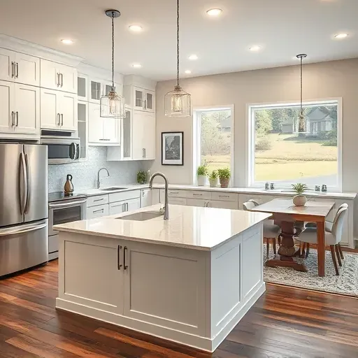 Modern kitchen remodel in South Strabane PA featuring stainless steel appliances, quartz island, and elegant cabinetry.