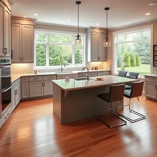 Modern kitchen remodel in Upper St. Clair PA features sleek cabinetry, polished granite island, and state-of-the-art appliances.