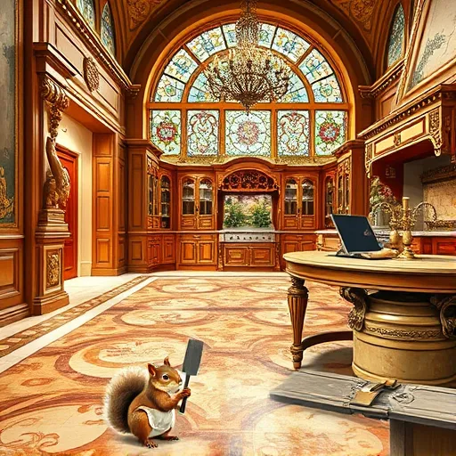 A detailed Baroque-style illustration of a luxurious, opulent kitchen scene featuring intricate, gilded moldings along the walls and a grand carved wooden archway. The scene depicts elaborate marble-patterned flooring being installed, with a large ornate timber floor panel in mid-placement, showcasing swirling decorative motifs such as floral designs, cherubs, and volutes. Light, whimsical elements include a tiny squirrel wearing a miniature apron and holding a small trowel, overseeing the installation with a cheerful expression. The environment is vibrant yet sophisticated, with polished surfaces reflecting warm golden tones that contrast with the cool marble flooring. Vintage-style tools with ornate handles rest on a nearby table, while a large stained-glass window with intricate lead patterns filters colorful mosaic reflections onto the scene. In the background, towering gilded cabinets with swirling motifs and a grand chandelier emphasize the luxuriousness of the space. The overall composition balances elegance and grandeur with playful, charming details, rendered in rich textures and a palette of warm golds, deep reds, and rich browns characteristic of Baroque art.