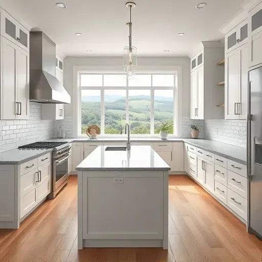 Remodeled modern kitchen in Burgettstown PA featuring quartz countertops white cabinets stainless steel appliances and natural light.