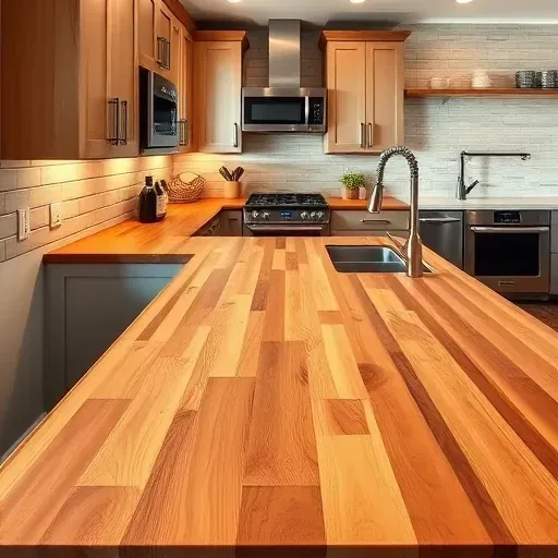 freshly installed butcher block countertop in a modern kitchen with warm wood grains, sleek cabinetry, stainless appliances, and soft lighting