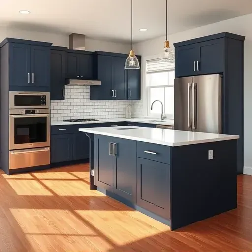 Renovated McDonald PA kitchen with navy cabinetry, quartz island, stainless appliances, subway tile, hardwood floors and natural light