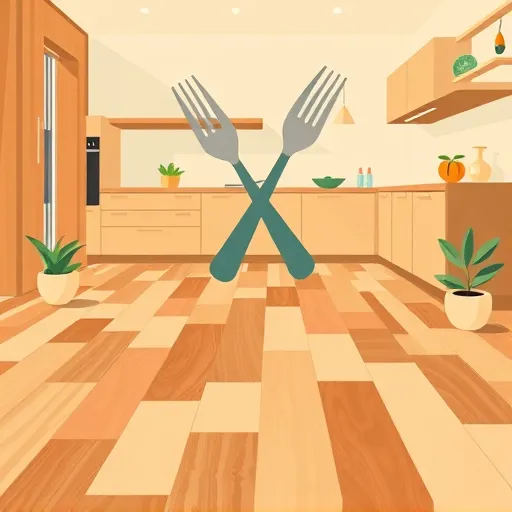 A vibrant, stylized depiction of a hardwood kitchen flooring scene in the Bauhaus art style, featuring geometric shapes and clean lines. The image showcases a mosaic of interlocking rectangles and circles representing wooden planks, with simplified grain patterns conveying texture. Warm earthy tones such as browns, beiges, and terracotta dominate the palette, accented by steel blue and pastel mint to add a modern touch. The minimalist kitchen background includes angular cabinets and countertops composed of basic geometric forms, with a playful oversized fork and knife crossing diagonally, integrated as part of the design. Whimsical details like colorful geometric fruit slices, exaggerated shadows from stylized light fixtures, and abstract plants with triangular leaves add energy and character. The scene exudes a cheerful, clean, and slightly quirky mood, emphasizing the warmth and artistic appeal of a well-designed, modern kitchen floor. This artistic portrayal highlights the combination of functionality and creative interior design, making it ideal for a blog cover celebrating stylish, playful home interiors.