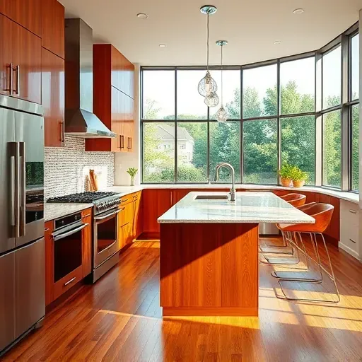 Renovated Canonsburg PA kitchen with modern wood cabinetry stainless steel appliances granite island natural light hardwood floors stylish backsplash and contemporary decor