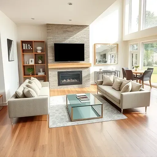 Stylish modern living room in Southpointe PA with hardwood floors, large windows, and elegant decor elements.