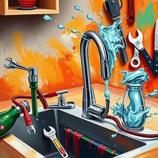 A colorful, expressive illustration of a kitchen faucet installation in the Expressionism style, featuring a close-up of a modern kitchen sink with a sleek chrome faucet reflecting exaggerated highlights and shadows. Surrounding the faucet are distorted tools like wrenches, pliers, and hoses, conveying the complexity and satisfaction of DIY plumbing tasks. The background showcases warm tones of ochre, deep reds, mossy greens, and splashes of electric blue, creating a lively kitchen scene filled with creative chaos. Playful details include water droplets mid-splash, screwdrivers with expressive faces, and swirling water flowing from the faucet, all capturing an energetic and optimistic mood. The artwork emphasizes movement, transformation, and the joys of hands-on craftsmanship in a vibrant, chaotic, and emotionally charged setting.