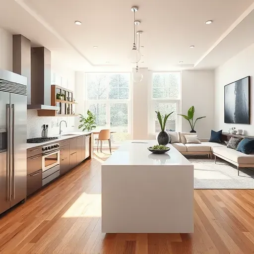 Modern open-concept living space in Jefferson Hills PA with a spacious kitchen, sleek furnishings, and natural light.