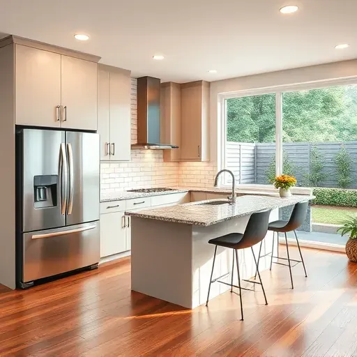 Renovated Lawrence PA kitchen with modern matte cabinets granite countertops stainless steel appliances and hardwood flooring