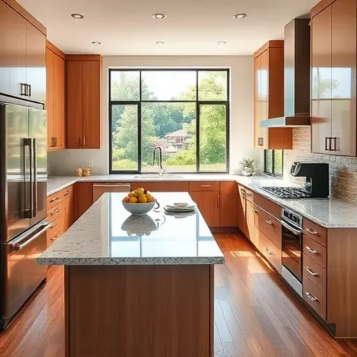 Modern remodeled Pleasant Hills kitchen with sleek cabinets, spacious island, high-end appliances, natural light, and scenic greenery