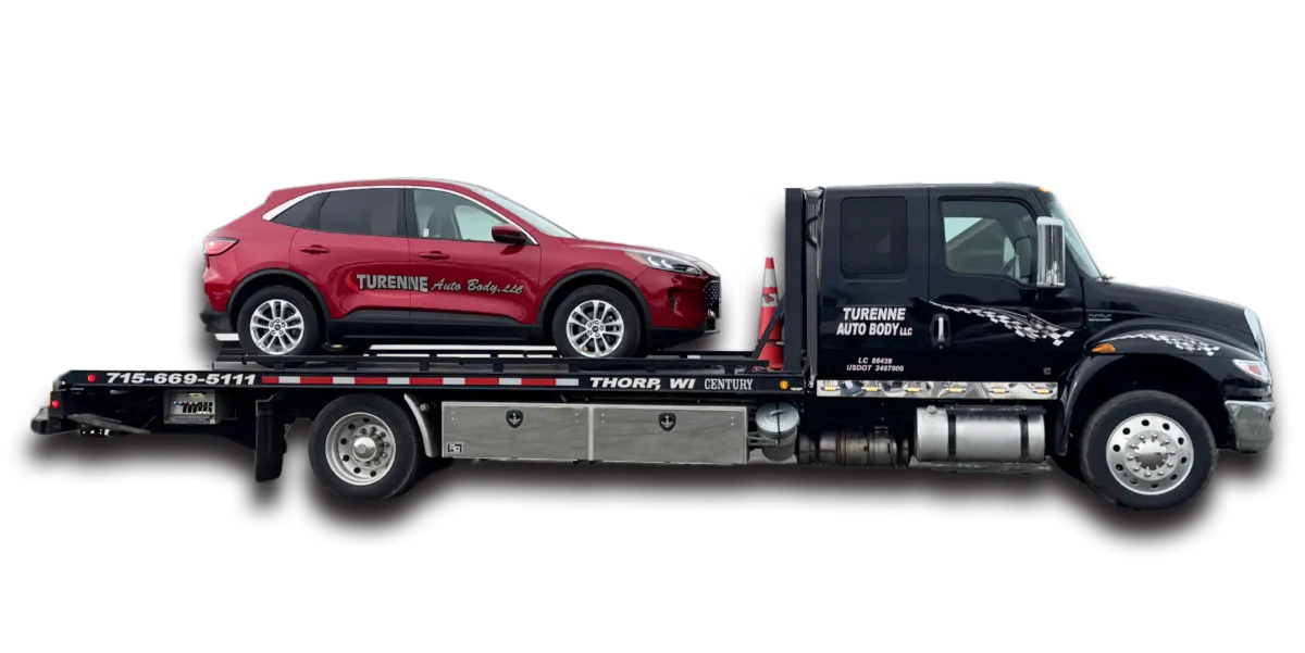 24/7 towing service vehicle at Turenne Auto Body in Thorp, Wisconsin