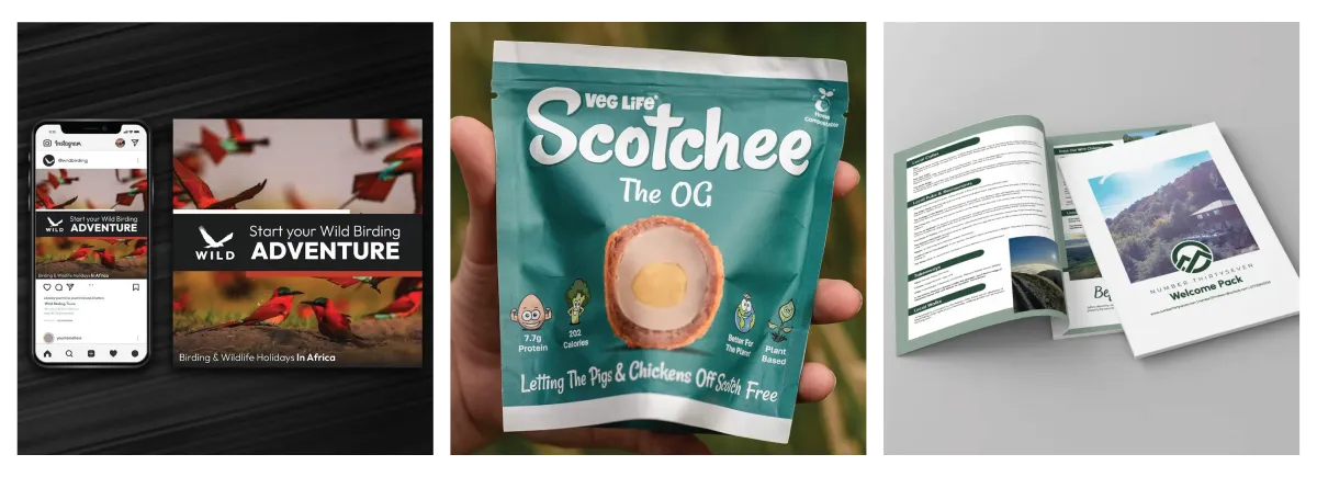 Mockup of socia media ad, packaging design & business cards