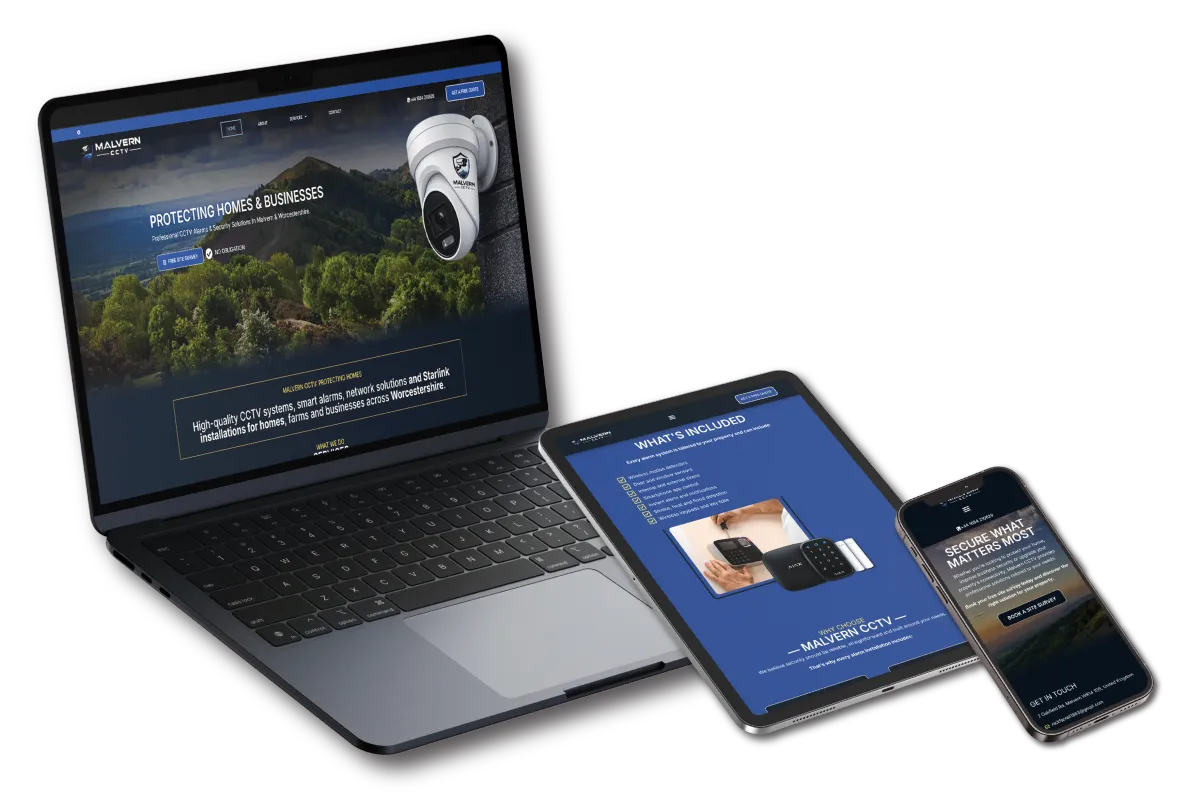 laptop tablet and phone mockup of malvern cctv web design