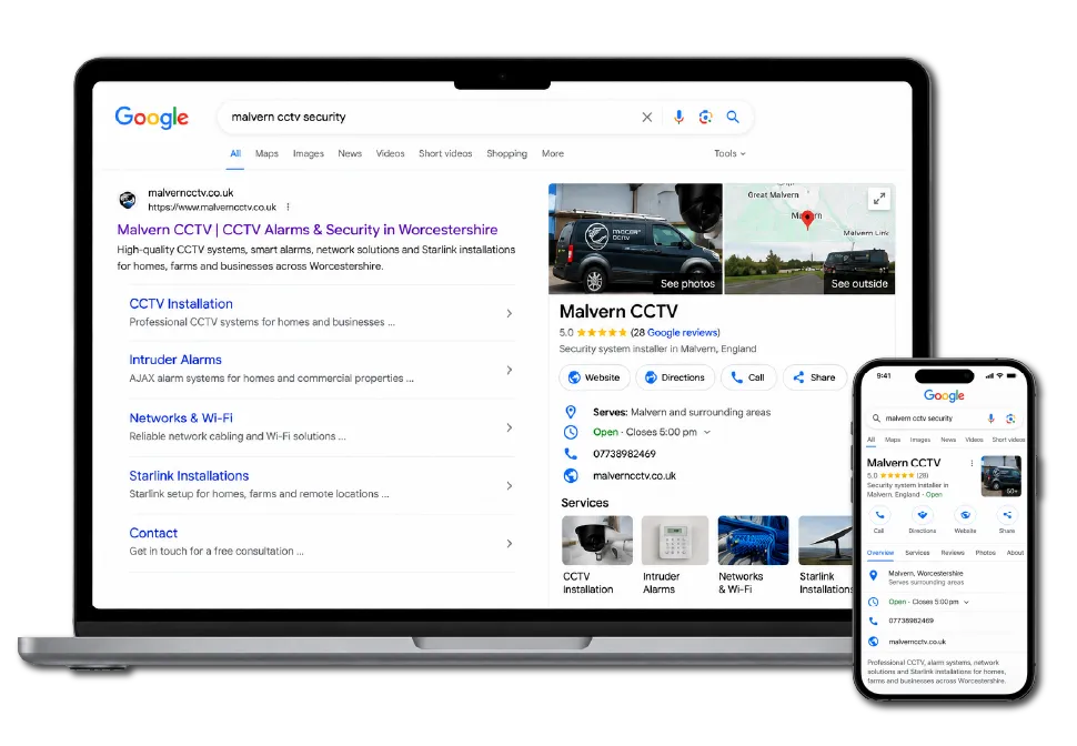 mockup of google search of malvern cctv on laptop and phone