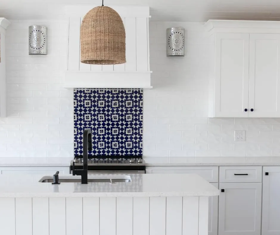 blue and white sink backsplash