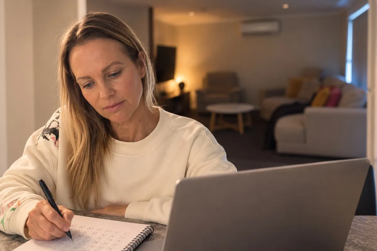 Niky Egerton tracking a 30-day business experiment in a notebook beside her laptop.