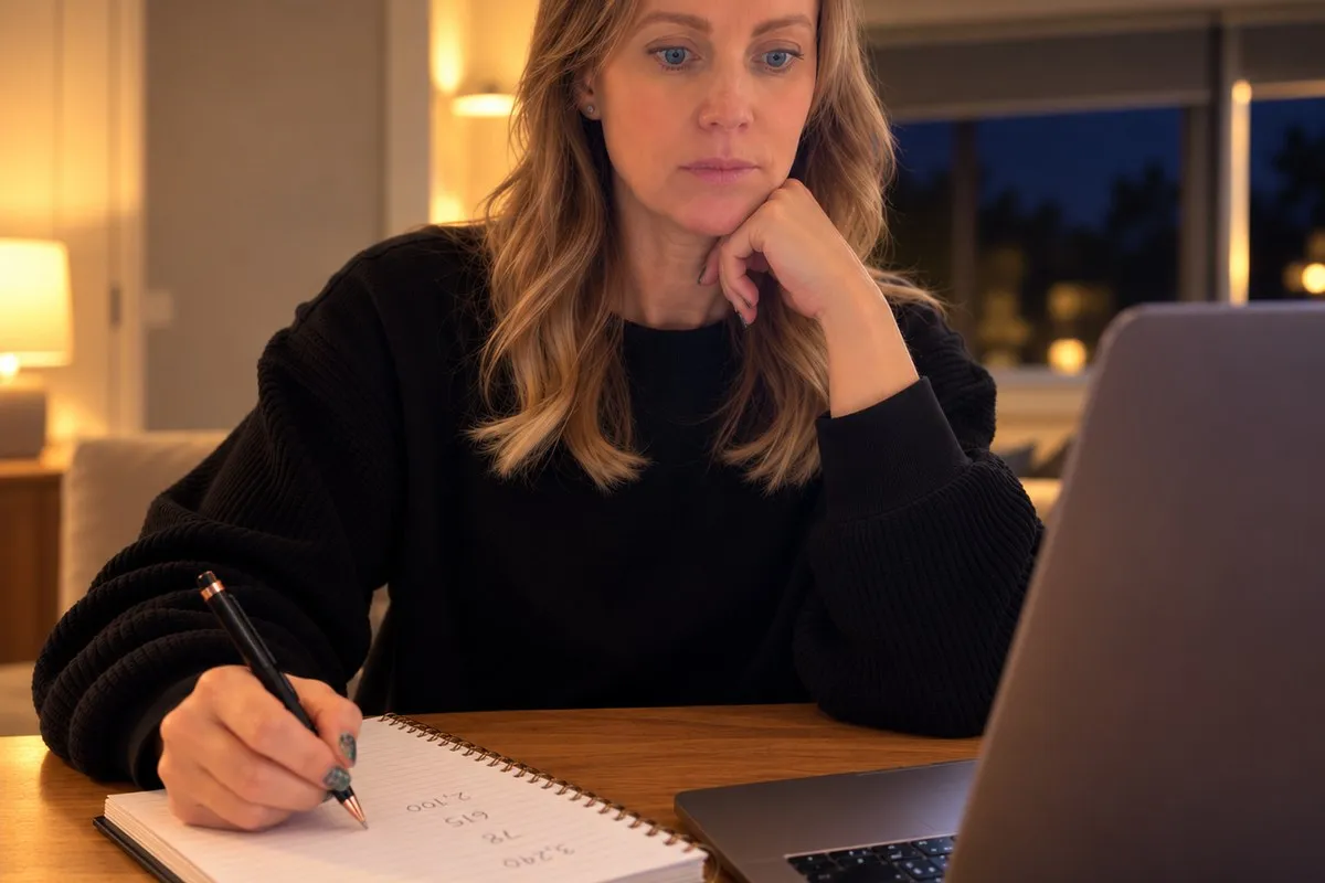 Niky Egerton working out whether a business idea is profitable in a notebook beside her laptop.
