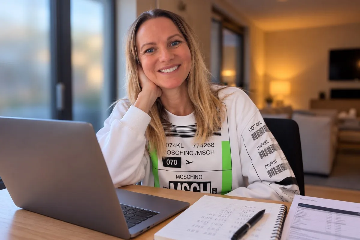 Niky Egerton smiling at her kitchen table with her laptop, a notebook of handwritten figures and a printed spreadsheet, working out how much her business needs to make before she quits her job