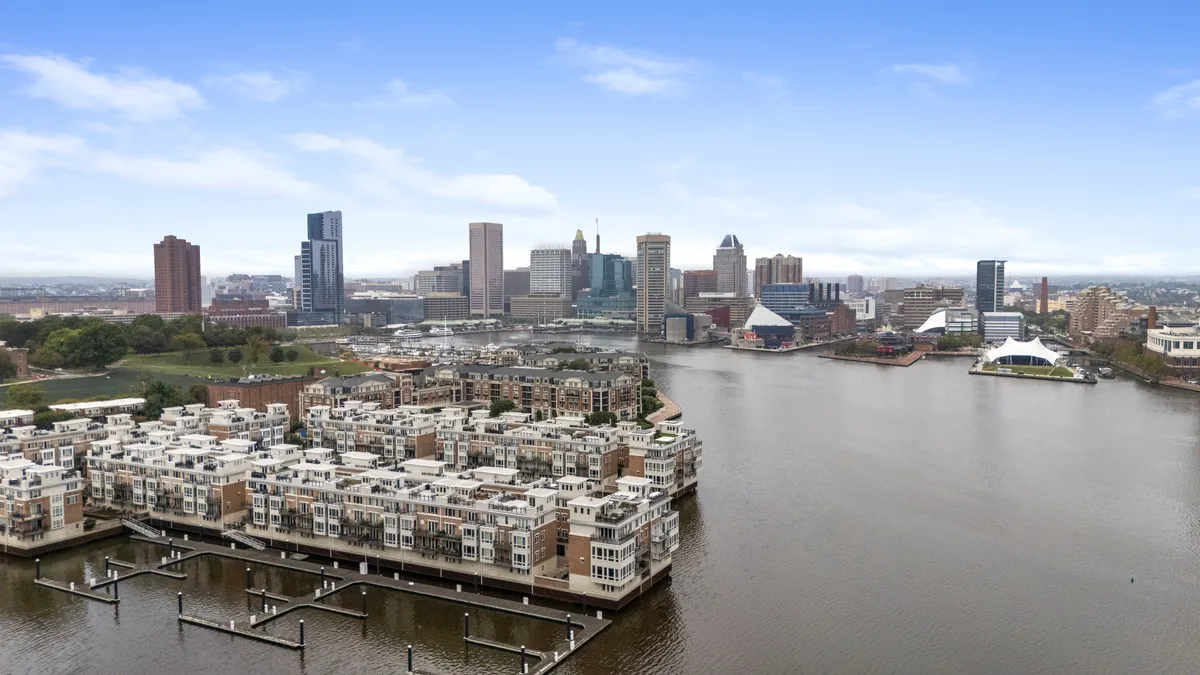 Aerial view of a waterfront skyline