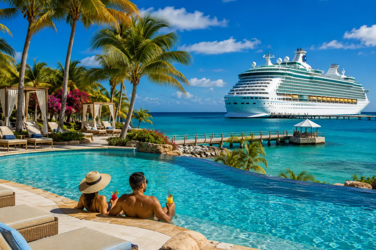 Luxury cruise ship docked near a tropical resort pool